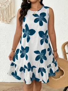 SHEIN Frenchy Vestido de vacaciones con estampado floral y volantes para mujer de talla grande - Agua verde azul - Ver 7