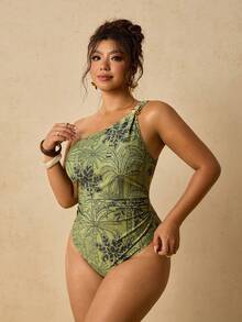 Travachic Plus Size Women Palm Tree Print One-Piece Swimsuit Bathing Suits For Women - Green - View 5