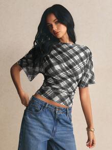 Poéselle Women's Vintage Plaid Ruffle Sleeve Fitted T-Shirt, Summer - Black - View 4