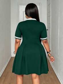 Maweii Plus Size Color Block Ribbed Splice A-Line Casual Short Sleeve Dress - Multicolor - View 6
