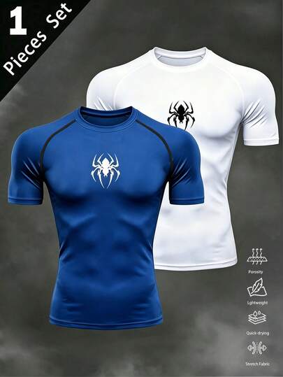 GymBeat Men's Spider Print Slim Fit Round Neck Short Sleeve Sports T-Shirt, Summer