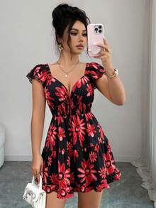 Elenzga Đầm mini nữ thanh lịch, thời trang, thoải mái, quyến rũ, cổ điển, tối giản, cao cấp, lãng mạn, thích hợp cho kỳ nghỉ hè, hở lưng, tay bồng xếp ly, thắt eo chéo, dáng chữ A, họa tiết hoa nhuộm tie-dye (Họa tiết ngẫu nhiên) - màu đen - Xem 5