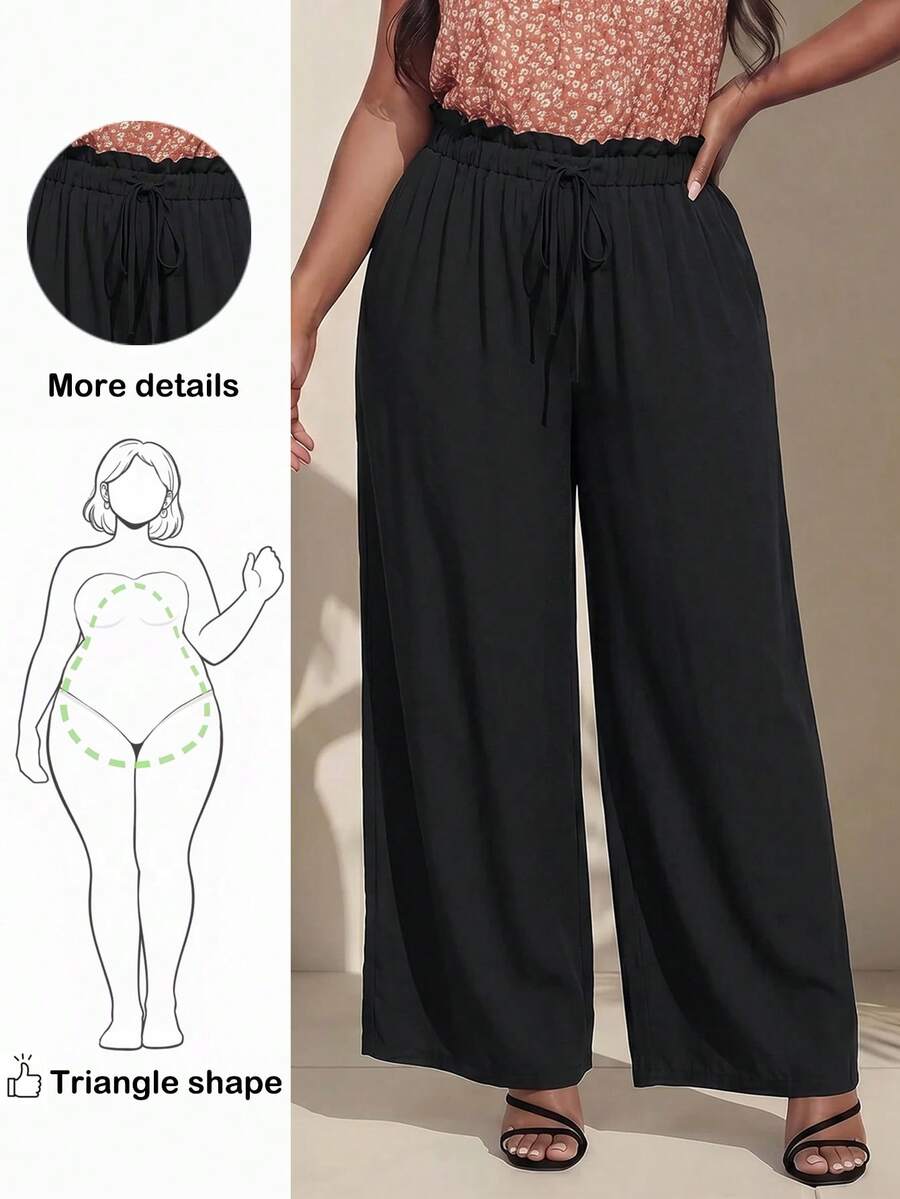 Truni Sometimesglam Plus Paperbag Waist Knot Front Wide Leg Pants, For Pear Triangle Body Shape - Black - View 1