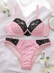 DelicateAllure Bộ 2 áo ngực ren chấm bi màu hồng có gọng, nâng đỡ tốt, tạo độ nâng và tạo dáng, bộ đồ lót nữ dễ thương và quyến rũ. - màu đen - Xem 6