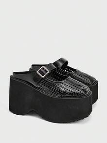 Sugerpunk Giày nữ casual và thời trang mũi vuông, kín mũi, đế xuồng khoét rỗng, quai ngang kiểu punk gothic đính đinh tán với khóa kim loại, hoàn hảo cho các câu lạc bộ đêm, tiệc tùng, kỳ nghỉ và đi làm – Giày slip-on nữ. - màu đen - Xem 2