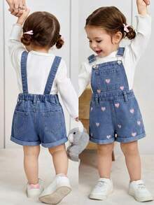Baby Girl Pink Heart Embroidered Blue Denim Suspender Shorts - Medium Wash - View 9