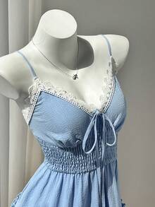 Elamini 女士夏季撞色蕾丝荷叶边吊带裙 - 藍色 - 查看 1