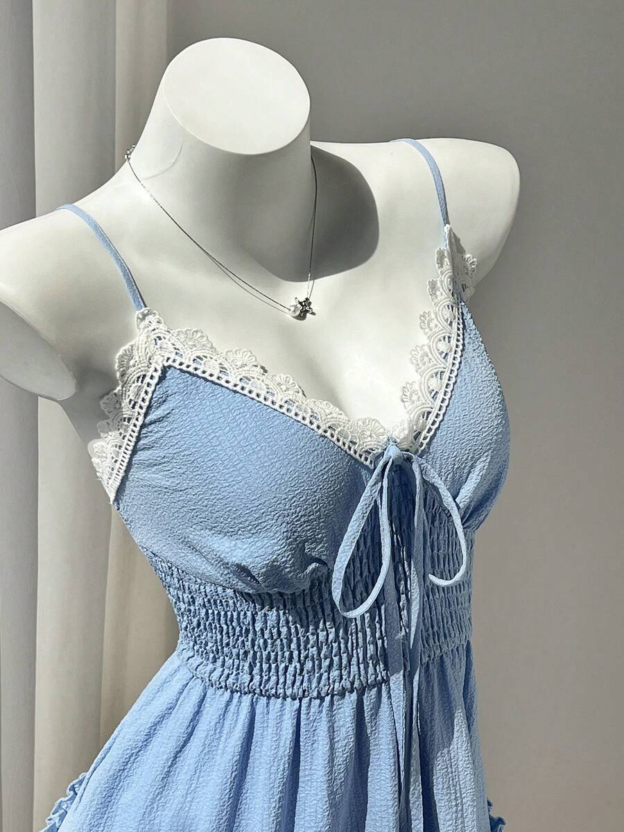 Elamini 女士夏季撞色蕾丝荷叶边吊带裙 - 藍色 - 查看 1