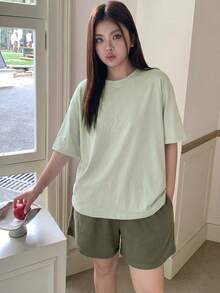 Dazy Plus 2pcs Casual Lounge Wear Set, Loose Short Sleeve Top And Elastic Waist Shorts, Spring/Summer Plus Size Women Pajamas - Mint Green - View 5