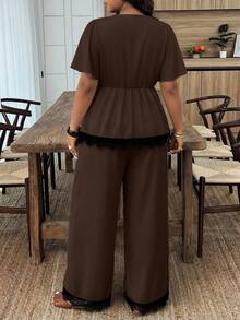Weeklong Plus Size Women's Spring/Summer Casual Vacation Outfit, Contrast Color Ruffle Patchwork Top And Pants Set - Brown - View 2
