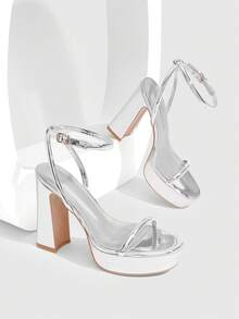 CUCCOO SZL Giày sandal cao gót mũi tròn đế dày một quai dành cho nữ, kiểu dáng thời trang và đơn giản, thanh lịch và thoải mái cho công sở, dự tiệc, thích hợp cho mùa xuân và mùa hè. - Bạc - Xem 2