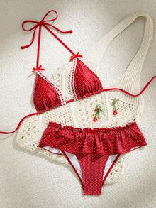 Swim Mod 2pcs Polka Dot Print Triangle Halter Bikini Set With Ruffle Hem Bottoms, Cute Girl Swimwear - Multicolor - View 5