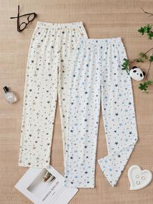 SHEIN Two Pieces Pack Sleep Bottoms Sea Shell Pattern White Base Color Casual Long Sleep Bottoms - White - View 2
