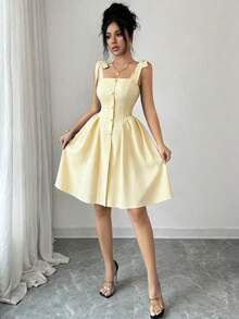 Nuevo vestido corto elegante y versátil para mujeres con tirantes de hombro anudados, textura de tejido de dos tonos y ajuste ceñido para uso diario - amarillo ganso - Ver 12