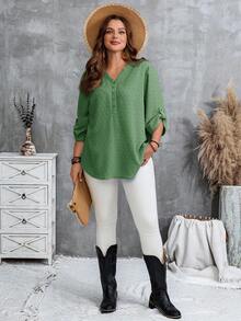 EMERY ROSE Camisa casual de mujer talla grande de unicolor con cuello en V y mangas enrolladas - Verde - Ver 4