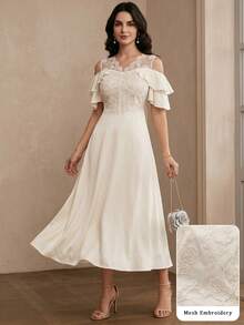 Modelyn 女士法式浪漫杏色网纱刺绣拼接荷叶边露肩连衣裙，露肩修身迷你连衣裙 - 杏色 - 查看 6