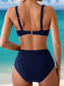Swim Lushoire Women's Solid Color Simple Beach Bikini Set, Summer - Navy Blue - View 2
