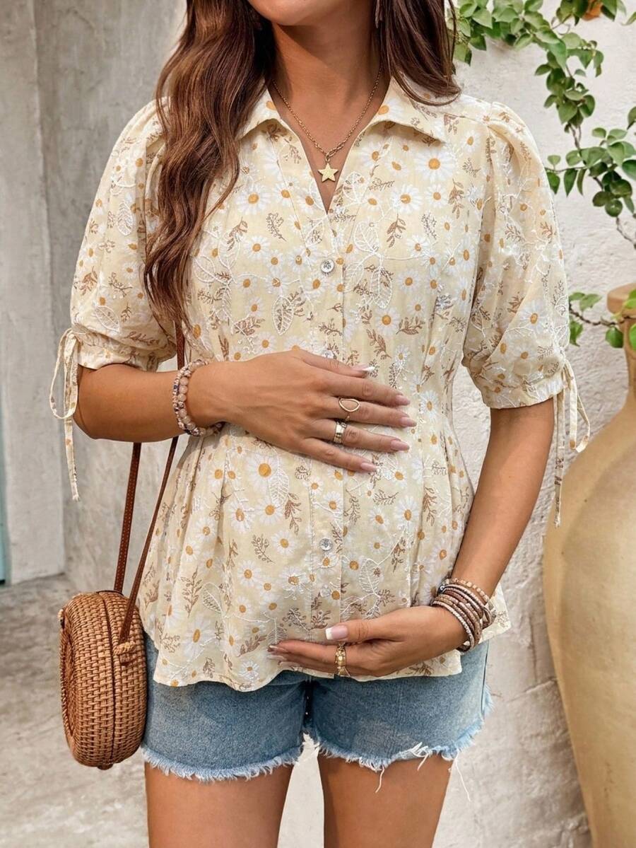 SHEIN Maternity All-Over Print Casual Daily Baby Shower Short Sleeve T-Shirt Light Blue Summer - Blue - View 1