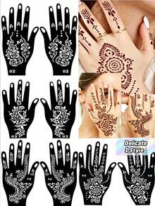 1 High-Quality Flower Pattern Henna Tattoo Template Sticker, Color Painting Temporary Hand Tattoo Template, Flash Painting Hollow Sticker, Suitable For Body Painting Makeup Manheidi Pattern. - Black - View 1