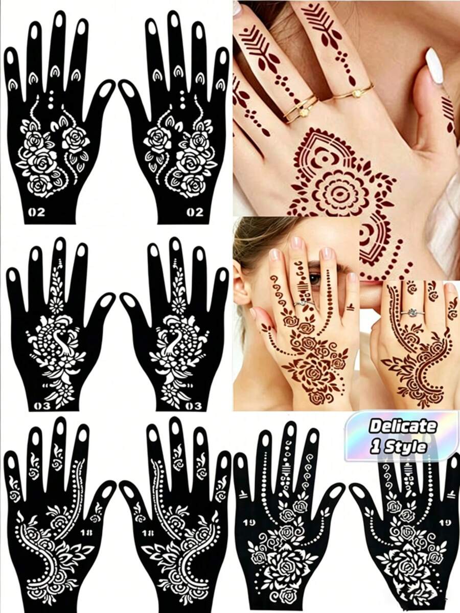 1 High-Quality Flower Pattern Henna Tattoo Template Sticker, Color Painting Temporary Hand Tattoo Template, Flash Painting Hollow Sticker, Suitable For Body Painting Makeup Manheidi Pattern. - Black - View 1