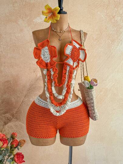 Soleia 2pcs Women 3D Floral Backless Knit Halter Top And Knit Shorts Set