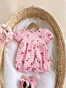 Newborn Baby Girl Casual Cute Summer Plaid Cherry Print Romper - Pink - View 8