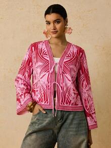 Travachic Plus Size Women Palm Tree Print Front Tie Shirt - Pink - View 5