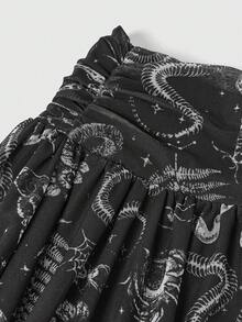 ROMWE Spring/Summer Vacation Chiffon Skirt With Asymmetrical Hem, Botanical Moth Eye Spider Goth Print - Black - View 3
