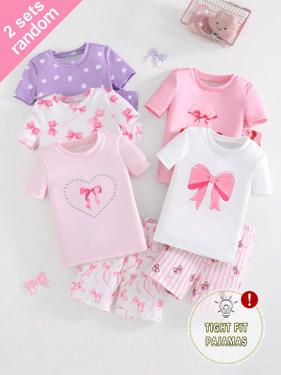 SHEIN 【2件套】女童独角兽卡通印花短袖短裤针织紧身睡衣家居服,随机发货 - 彩色 - 查看 1