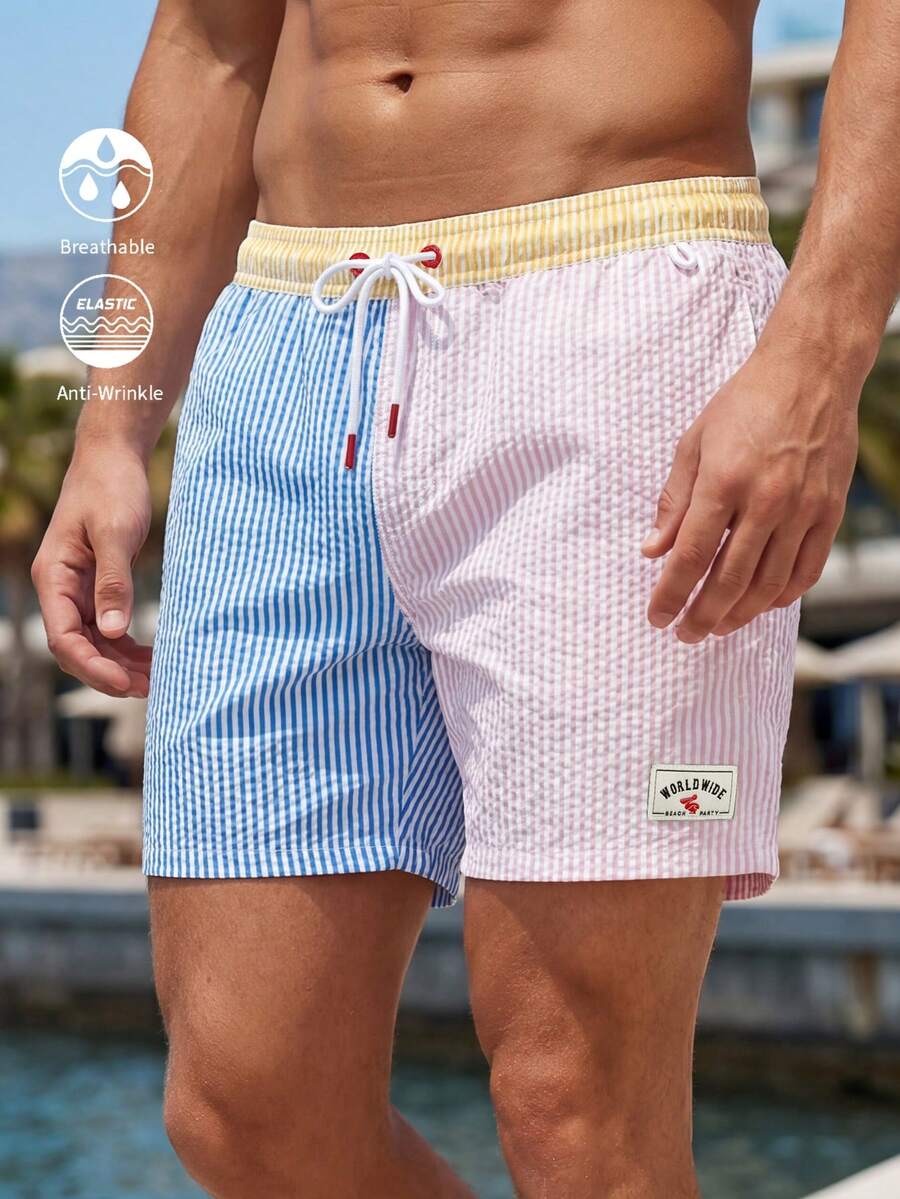 Manfinity Swimmode Summer Men's Drawstring Waist Striped Patchwork Casual Beach Shorts Holiday / Vacation / Beach / Hawaii / Tropical / Swim / Bathing - Multicolor - View 1