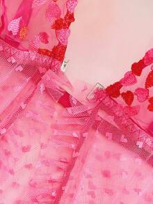Elorette 2pcs Fuchsia Mesh Patchwork Embroidered Heart Pattern Sheer Front Closure Ruffle Hem Romantic Pastoral Elegant Dress + Thong Lingerie Set, Plus Size - Hot Pink - View 6