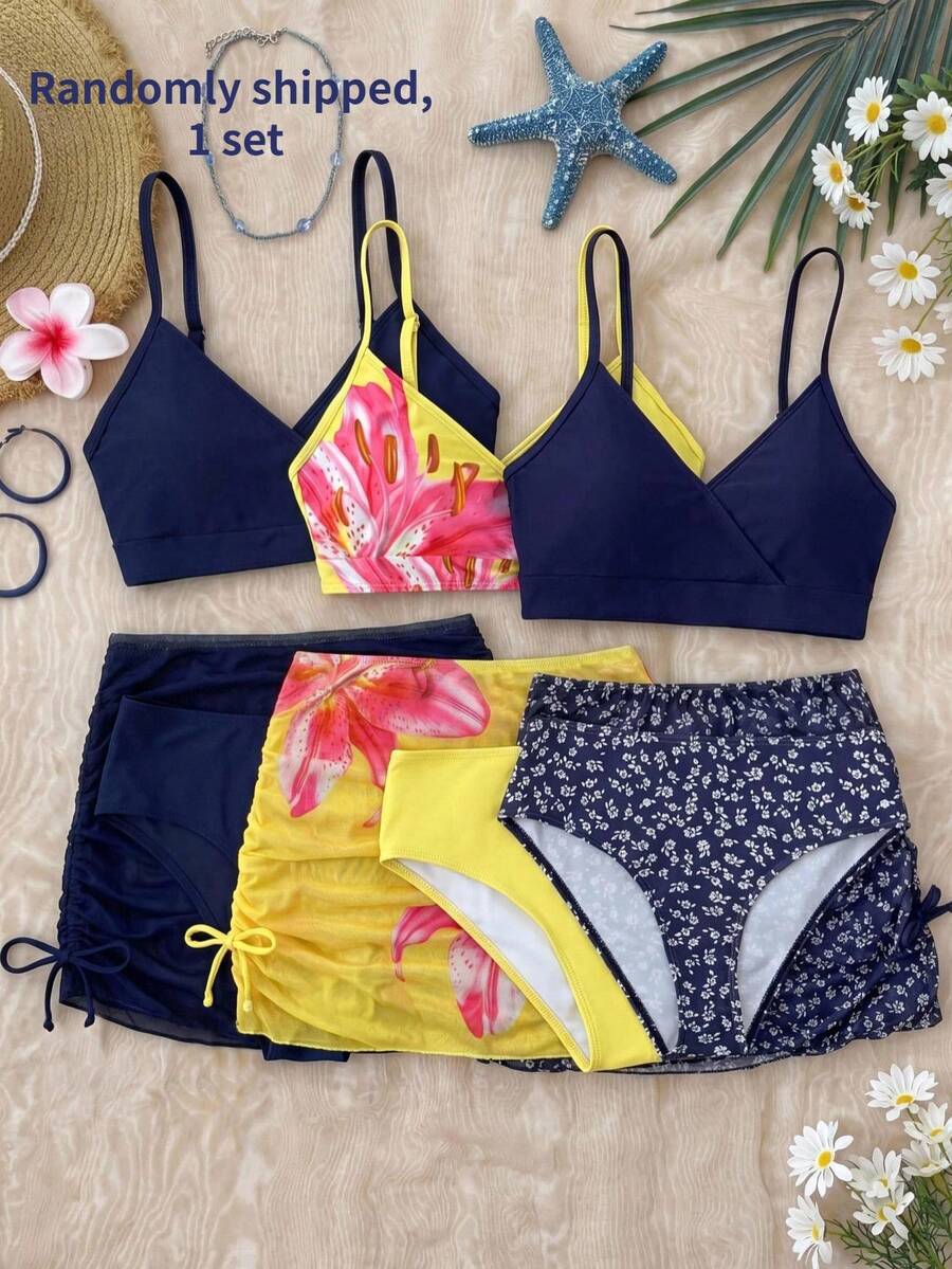 SHEIN Bộ tankini in hoa dành cho thiếu nữ/các cô gái tuổi teen, kèm chân váy xếp ly, chất liệu co giãn cao, không xuyên thấu, có thể giặt máy, thích hợp cho bơi lội, nghỉ mát, mặc đi biển mùa hè. - Xanh đậm - Xem 1