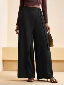 Zivah Women's Black Summer Classy Elegant Vacation Loose Wide Leg Pants,Front Panel Overlay Waist Tie Trousers,Business Casual Commute Minimalist Style - Black - View 5