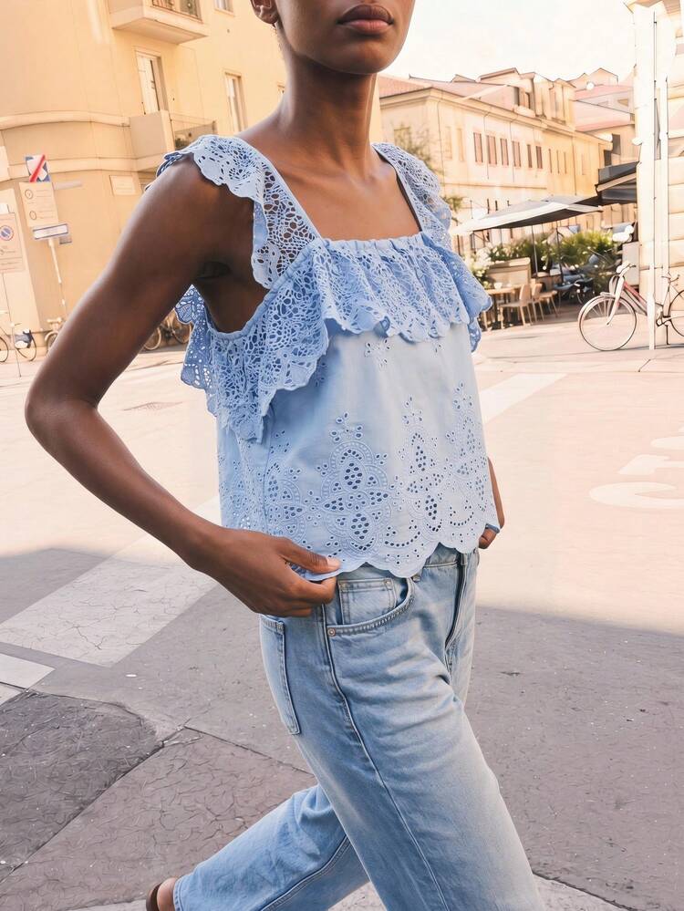 SHEIN Maija Women Light Blue Summer Boho Holiday Vacation Holiday Lace Hollow Embroidered Ruffle Hem Blouse Tank Top,Bohemian Style For Wedding Guest,Party