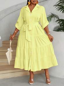 Maweii Plus Size Women's Elegant V-Neck Buttoned Front Long Sleeve Belted Dress With Layered Ruffle Hem Maxi Women Outfit - Light Yellow - View 5