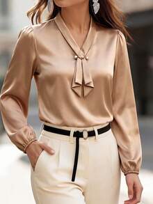Miaspire Áo kiểu tay loe bằng vải chiffon màu sâm panh thanh lịch, mẫu mới đa năng cho mùa xuân/hè, quà tặng Ngày của Mẹ cho mẹ. - Rượu sâm banh - Xem 3