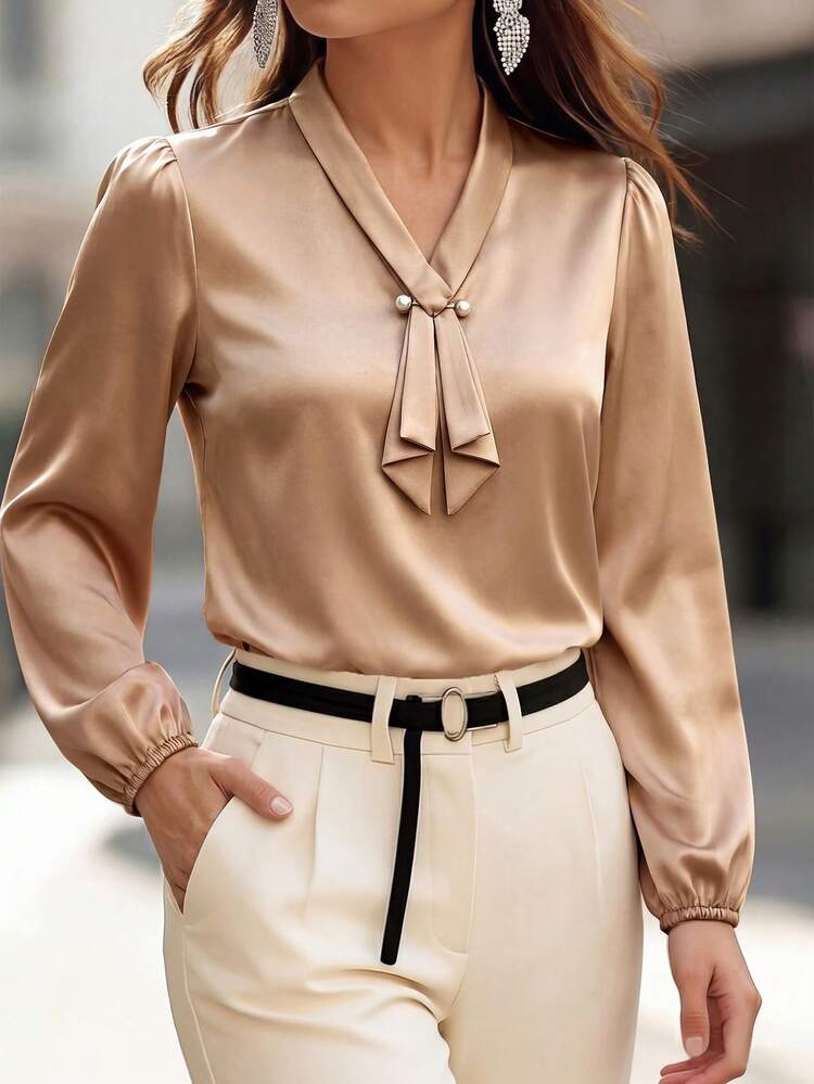 Gold Chiffon Flare Sleeve Elegant Modest Blouse, Versatile Autumn New Arrival, Mother's Day Gift For Mom Party New Arrival Autumn Going Out Outfits