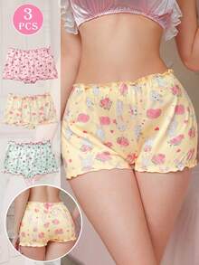 PetitDoll Set 3 buah celana dalam wanita model hipster dengan motif bunga lucu, hiasan rumbai, dan tali pita di bagian belakang. - MultiWarna - View 1