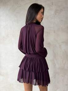 Aloruh Women's Sexy Elegant Halter Waist Ruched Ruffle Hem Long Sleeve Mini Dress - Purple - View 2