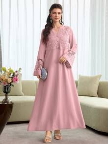 Al Najma V-Neck Flare Sleeve Patchwork 3D Embroidered Floral Trim Robe, Spring/Summer - Blush Crush - View 5