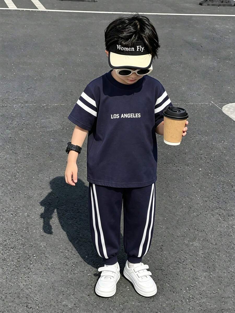 Genkimix Kids 2pcs Young BoySummer Casual Round Neck Printed T-Shirt And Side Design Jogger Pants Set, Suitable For Daily And Outdoor Wear - Navy Blue - View 1