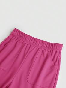 TaskEZ Solid Color Minimalist V-Neck Double Pocket T-Shirt And Casual Pants Uniform Set - Hot Pink - View 13