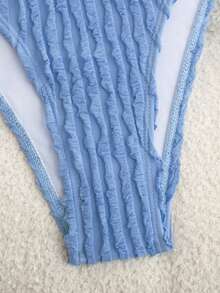 Bonvoyette Light Blue Summer Casual Sexy Holiday Vacation Blue Vertical Stripe Pleated Textured Jacquard Knit Deep V Neck Backless One-Piece Swimsuit Women Beach - Blue - View 5