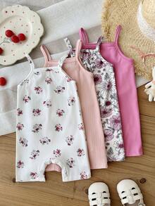 SHEIN LMoss Kids 4件套女婴针织纯色和碎花吊带连体衣套装 - 彩色 - 查看 6