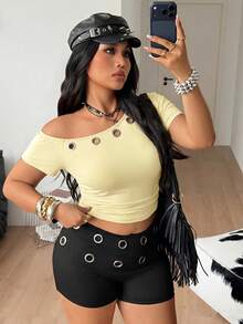 Coolane Women's Plus Size Summer Streetwear Sexy Smart Casual Vintage Going Out Date Night Goth Y2K Punk Grommet Asymmetrical Neck Fitted Yellow T-Shirt - Light Yellow - View 5