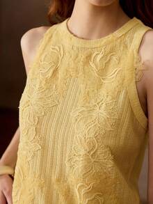 MOTF PREMIUM Áo tank top nữ màu vàng dệt kim họa tiết jacquard, thích hợp mặc thường ngày và hẹn hò, mùa xuân/hè. - Màu vàng - Xem 2
