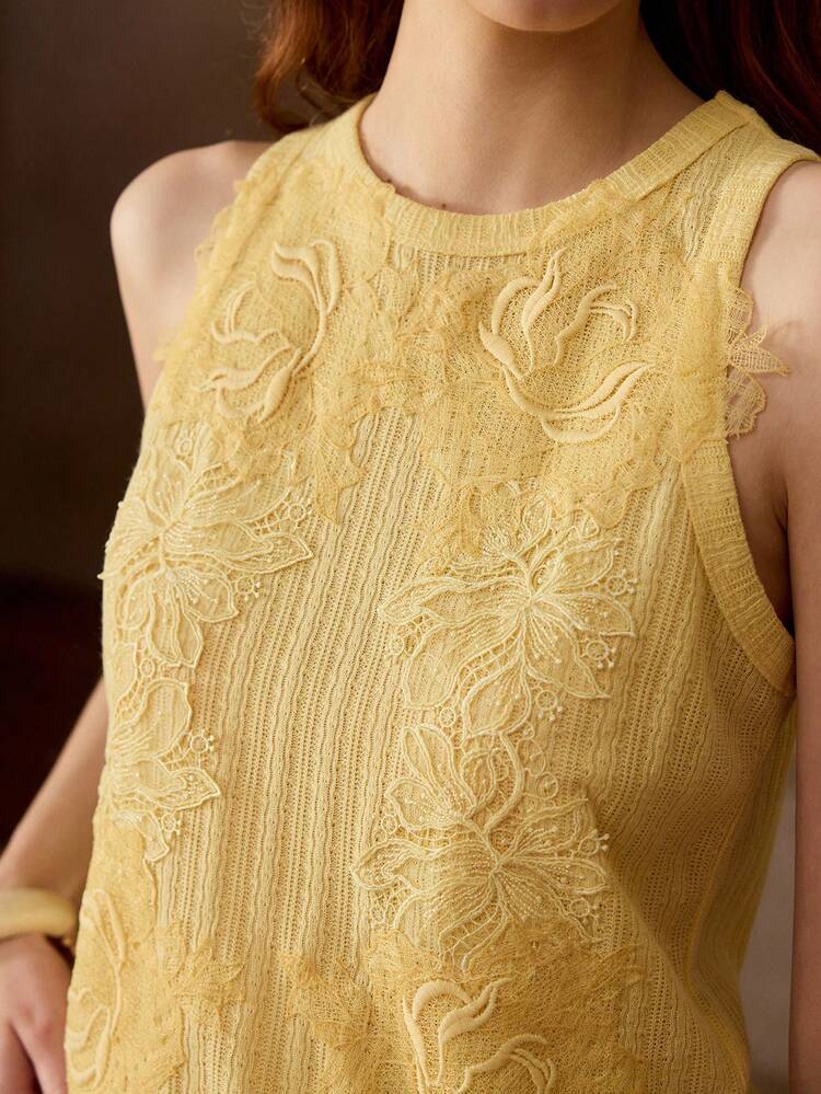 WOMEN'S YELLOW JACQUARD APPLIQUE KNIT TANK TOP, CASUAL & DATE WEAR, SPRING/SUMMER