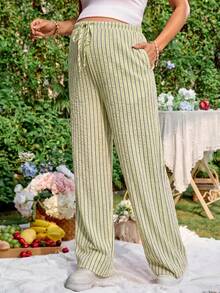 Lyckli Maternity Casual Vacation & Commute Striped Print Drawstring Waist Loose Wide Leg Pants Fall - Yellow - View 2