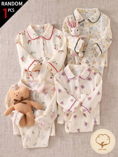 SHEIN Baby Girls' 4-Piece Cotton Pajama Set, Featuring Classic Collar Design, Contrast Trim, And Playful Prints Like Floral, Bear, Bow, Strawberry, Rabbit, Surprise Blind Box Random Assortment