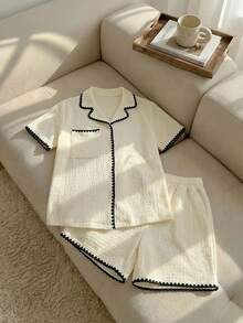 Resyla Contrast Binding Button Front Top & Pants Lounge Set Outfit - Beige - View 1